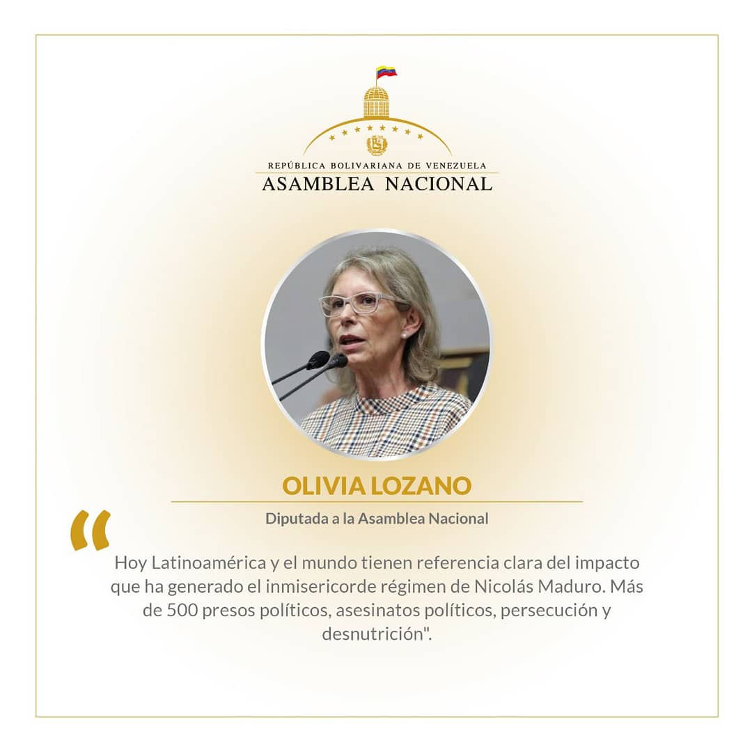 MERCEDESCUEVASL's tweet photo. Dip. @oliviaylozano: "Hoy Latinoamérica y el mundo tienen referencia clara del impacto que ha generado el inmisericorde régimen de Nicolás Maduro. Más de 500 presos políticos, asesinatos políticos, persecución, desnutrición". https://t.co/mbAlYMpfoR