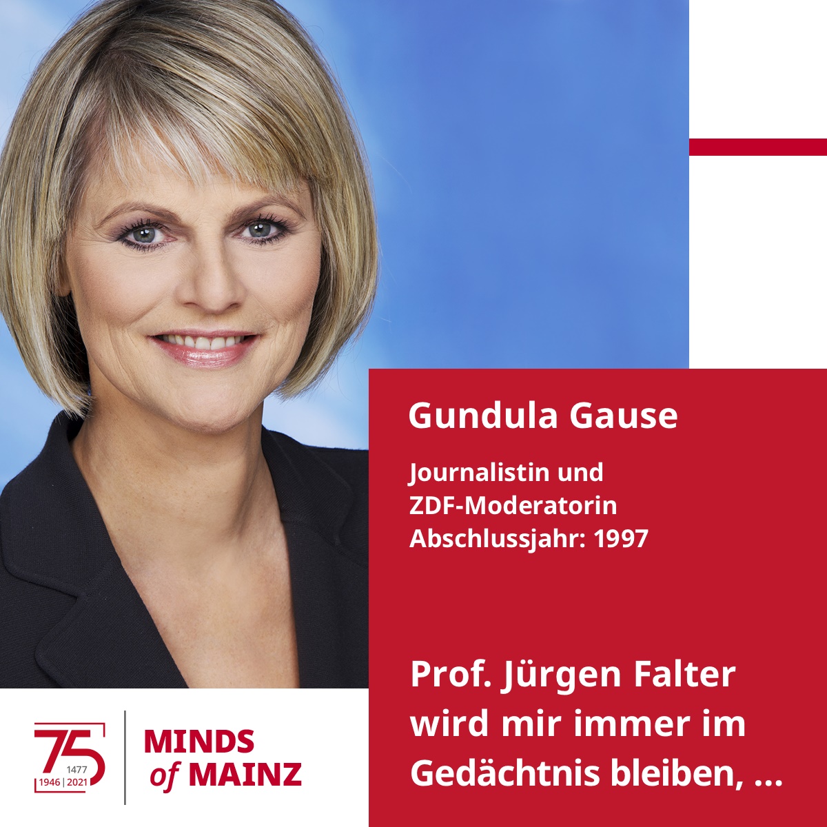 uni_mainz's tweet photo. #JGU75: Eiliges Pendeln zw. Hörsaal &amp; TV-Studio – daran erinnert sich ZDF-Moderatorin Gundula Gause zurück, wenn sie an ihre Studienzeit an der #UniMainz denkt. Woran sich andere #GutenbergAlumni zurückerinnern? ... https://t.co/RRsHNT0sAc
📷 ©ZDF/Kerstin Bänsch

#MindsOfMainz https://t.co/F29iuHAVPG