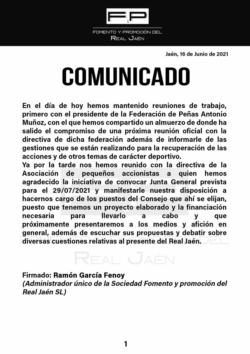 ⚪️ COMUNICADO FOMENTO Y PROMOCIÓN DEL REAL JAÉN