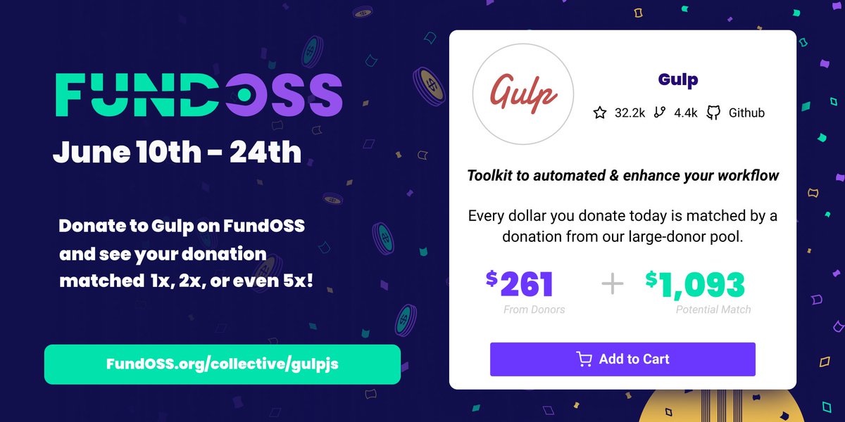 gulpjs's tweet image. Mid-week check-in! 👀
You are all amazing!! So far, we've raised $261 from 17 donors on #FundOSS which will result in over $1000 from the matching fund—WOW! 🔥
Please consider donating today; every $2 donation is more than tripled by the matching fund.
fundoss.org/collective/gul…