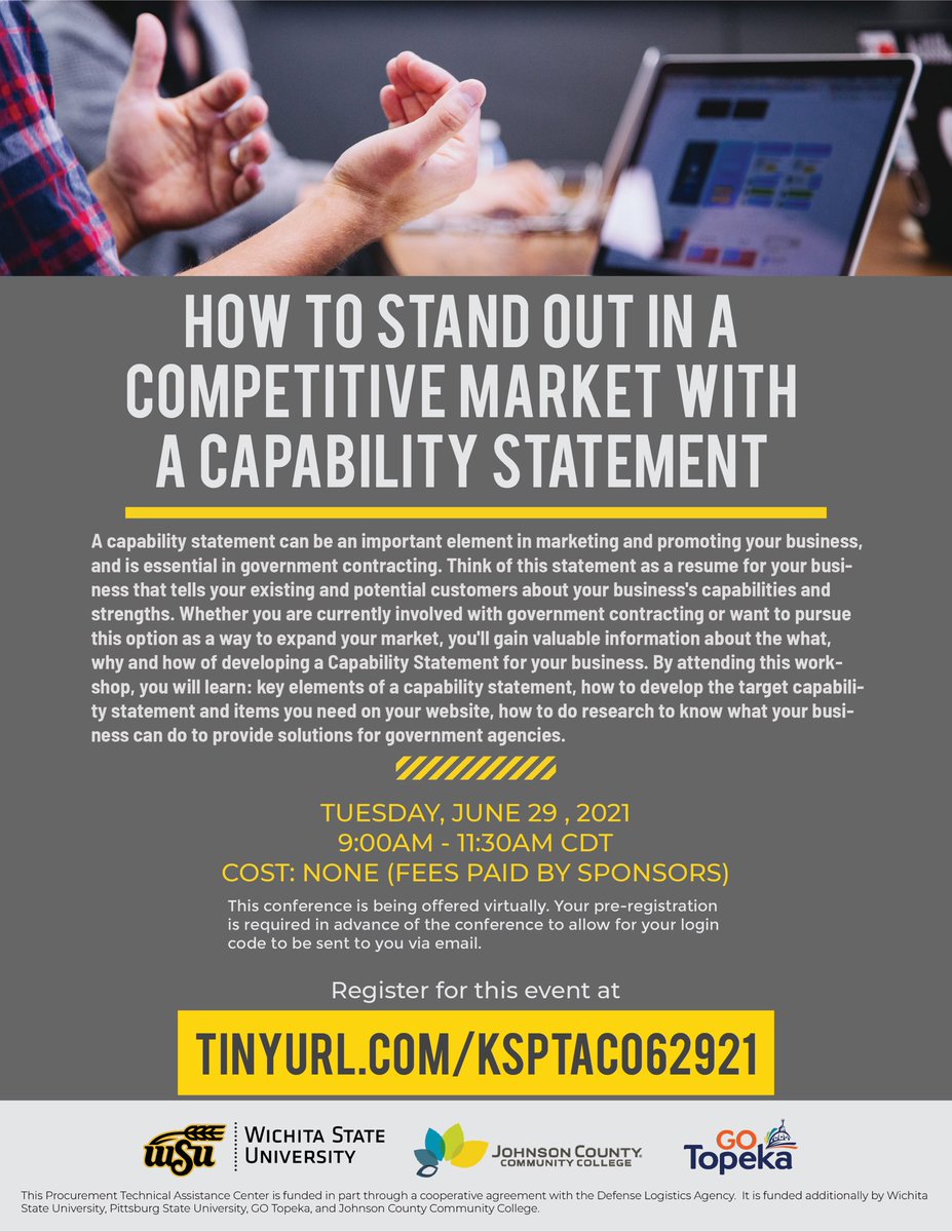 Mark your calendars because we’re hosting a workshop on Tuesday, June 29th! 

Register at: tinyurl.com/KSPTAC062921

#Kansas #PTAC #KSPTAC #SmallBiz #GovCon