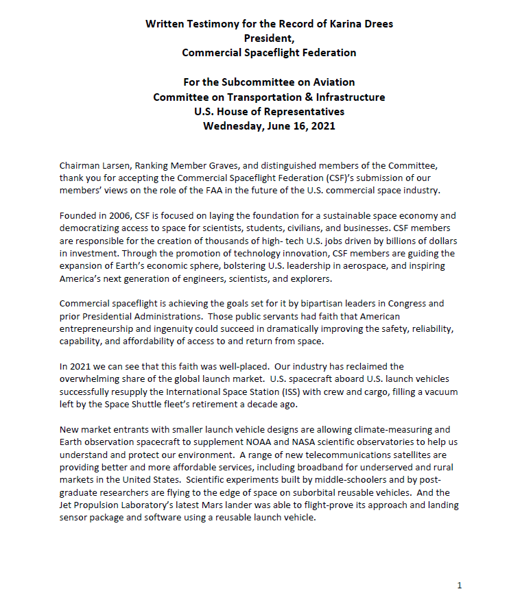 Written testimony filed by  @csf_spaceflight president  @karina_drees in conjunction with today's hearing, advocating for more funding and staffing for the FAA's AST: