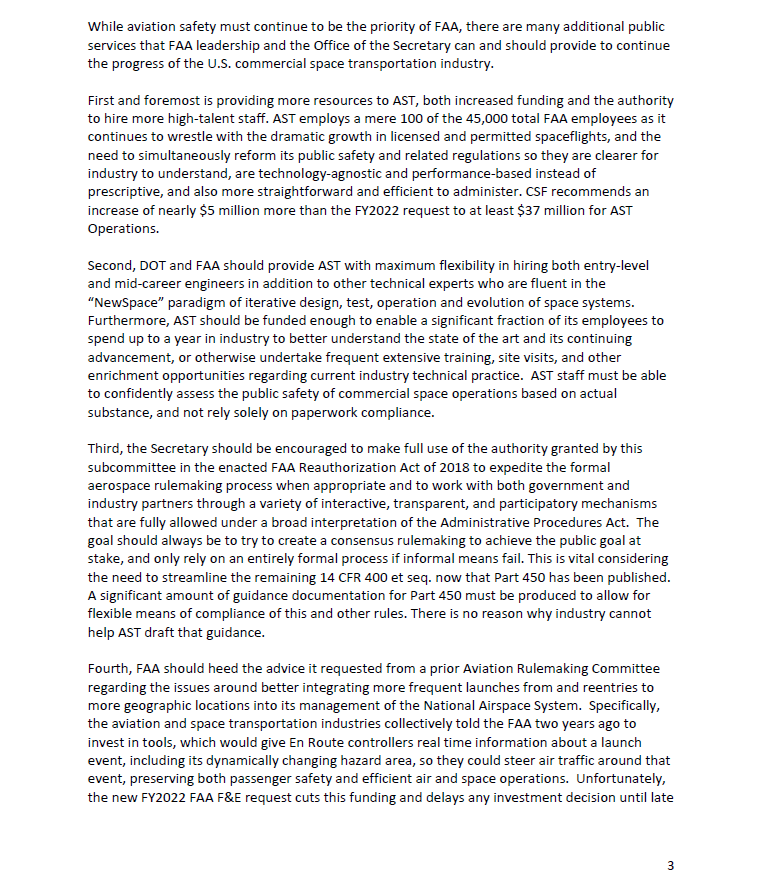 Written testimony filed by  @csf_spaceflight president  @karina_drees in conjunction with today's hearing, advocating for more funding and staffing for the FAA's AST: