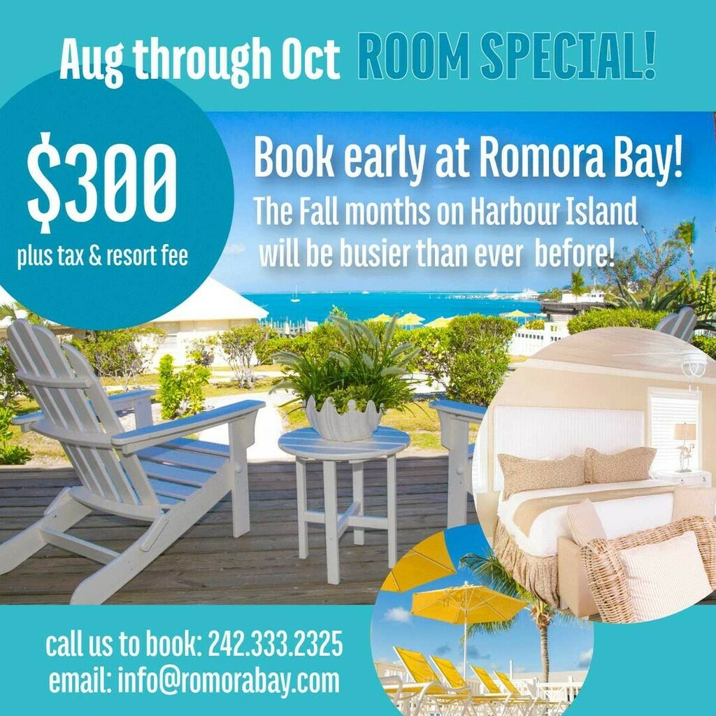 Romora Bay Hotel Special is now available to reserve for August through October! Book now and don't miss out!

#hotel #specials #pinksandbeach #yacht #harbourisland #marina #bahamas #briland #yachtcharter #superyacht instagr.am/p/CQMUVvAhoqK/