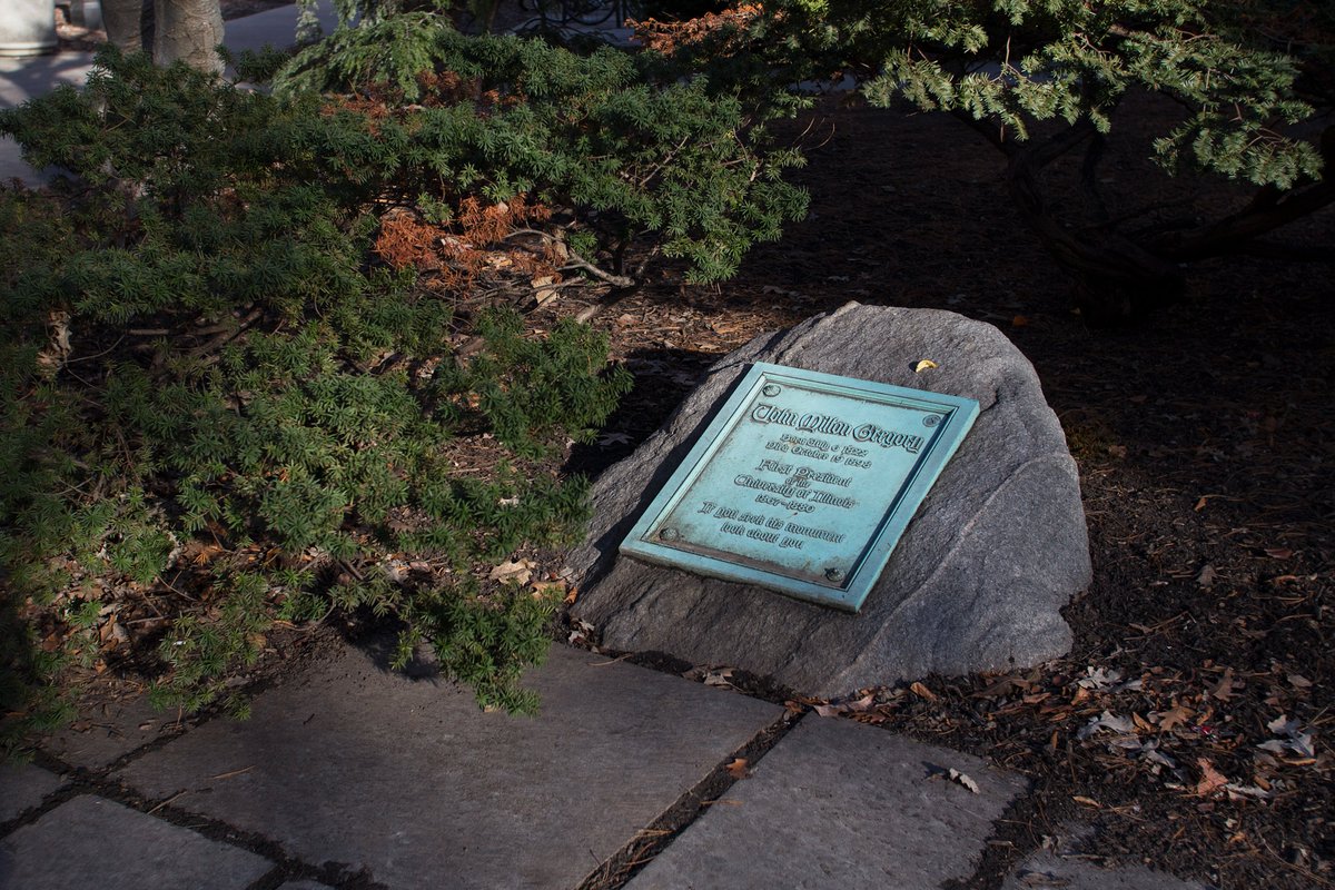 UofIllinois's tweet photo. Our first president, John Milton Gregory, is buried on campus. His gravestone is just south of Altgeld Hall.

It reads: "If you seek his monument, look about you." https://t.co/98y1T0745R