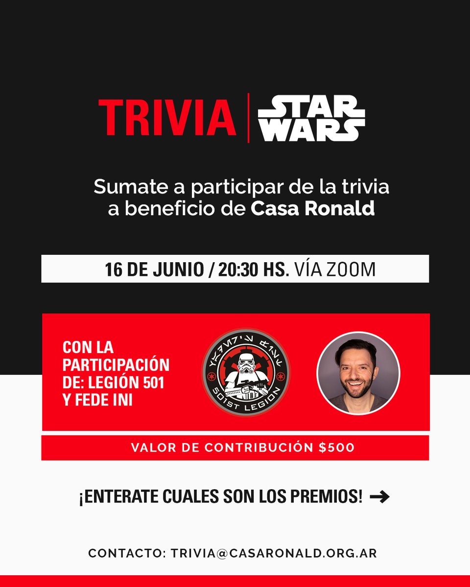 CasaRonaldAr's tweet photo. ¡Últimas horas para sumarse! No te quedes afuera de la Trivia de Star Wars en beneficio de la Casa, grandes premios de @KnowhereC y la conducción de @fechu ¡Que la fuerza los acompañe! https://t.co/AxUH7eOUn4