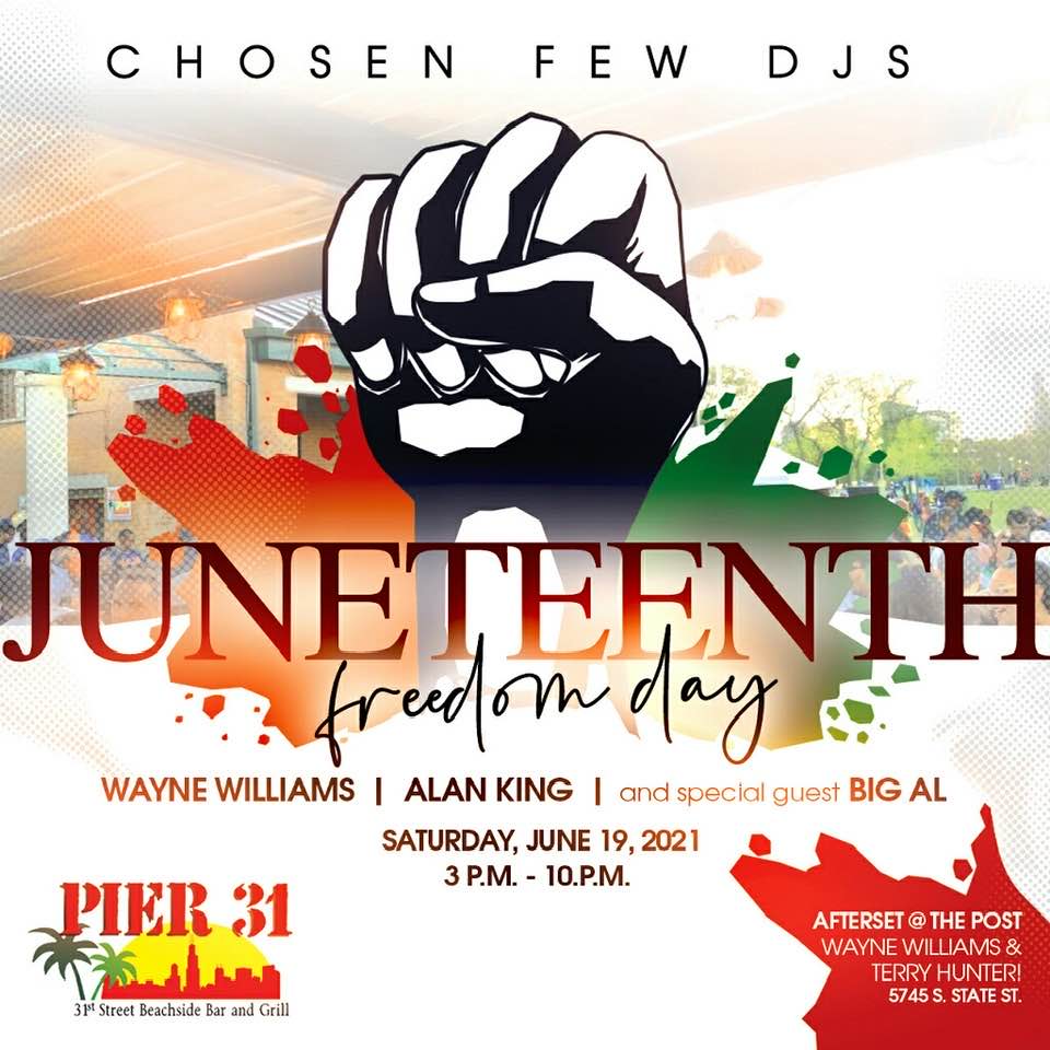 This #Juneteenth, let's gather to celebrate our lives, our culture, our contributions, and our MUSIC! Meet us at Pier 31 at 31st Street Beach, 3-10pm, for live sets by <a href="/djwaynewilliams/">djwaynewilliams</a>, <a href="/djalanking/">Alan King</a>, &amp; Big Al. Afterparty at the Post, 5745 S. State St., feat. Wayne &amp; <a href="/djterryhunter/">Terry Hunter</a>
