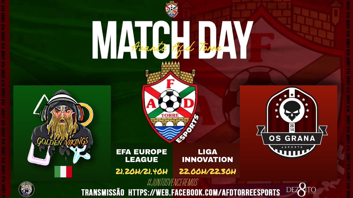 🏆⚽🎮 DIA DE JOGOS 🎮⚽🏆

🏆 EFA Europe League/Liga Innovation 
⚽ GOLDEN VIKINGS ESPORTS/GRANA ESPORTS
⌚️ 21h20/21h40/22.00/22.30
📺 AFD TORRE Esports 
🎙 MTS e-Sports 

Patrocinador Oficial AFD TORRE Esports:
Dez8ito Store 

Parceiro Oficial Narração:
MTS E-SPORTS