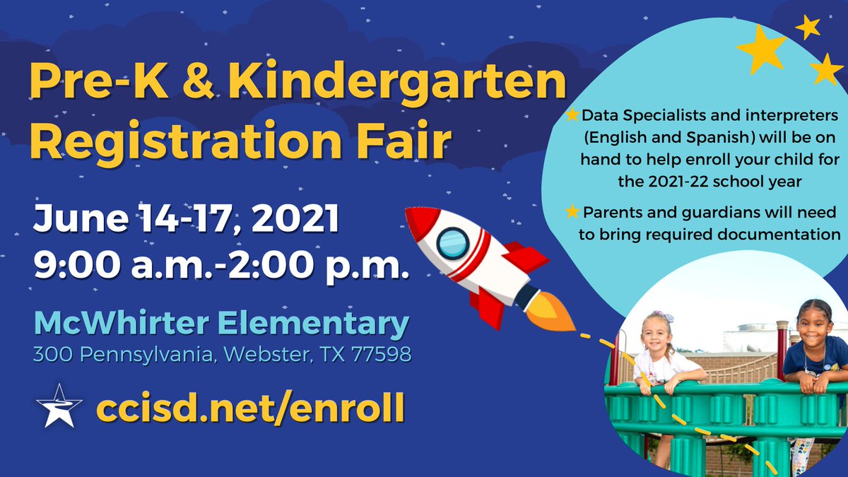 ClearCreekISD's tweet photo. Today is the last day of the Pre-K &amp; Kindergarten Registration Fair at McWhirter Elementary! Stop by between 9 a.m.-2 p.m. to register your child for next school year with bilingual enrollment specialists. More information: https://t.co/PKfTlVMsJV https://t.co/8lJoe48bI4