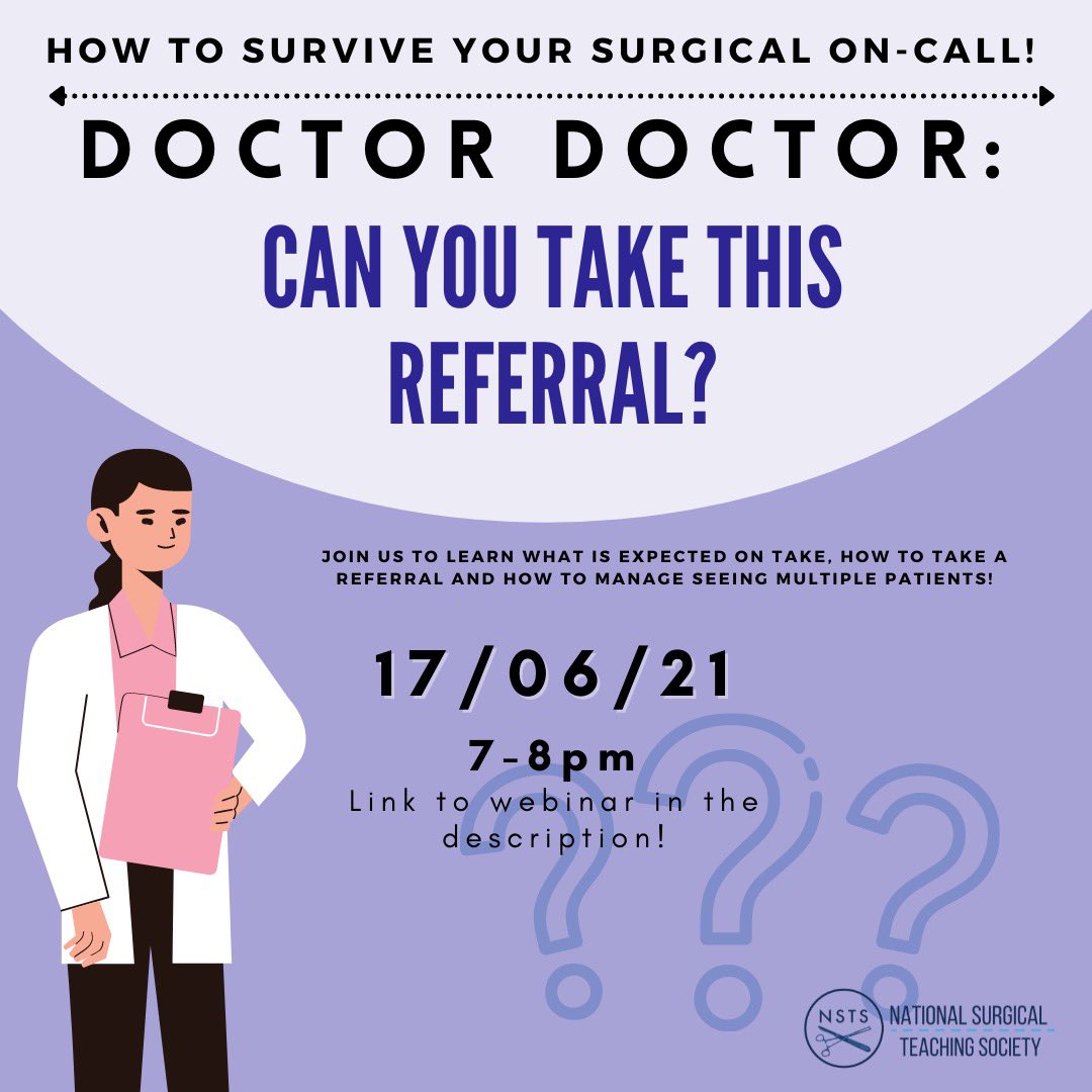🚨Less than 24hrs to go until our last webinar, ‘Doctor Doctor, Can You Take This Referral?’🚨

Learn more about…
✅what’s expected of you when you’re on take
✅the etiquette of receiving a referral
✅managing with multiple patients 

👇Webinar link👇 
🔗us02web.zoom.us/j/81226146272