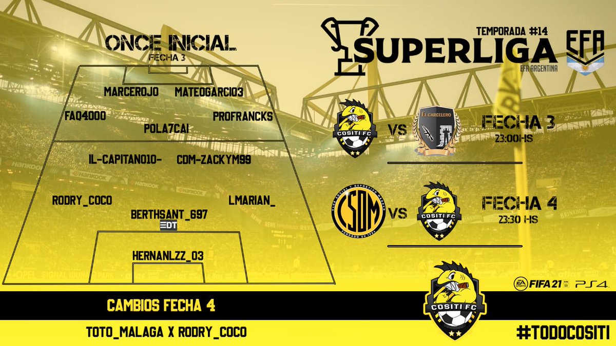 | #ClubesPro | #FIFA21| #PS4 

⚽ MatchDay
🏆 Superliga <a href="/EFAargentina/">EFA Argentina (desde 🏡)</a> 
📋 Convocados de la jornada
--
🗓️Fecha 3
🆚 El Carcelero
🕙23:00hs
----------------
🗓️Fecha 4
🆚 <a href="/CSYDMADRYNeS/">CSYD Madryn eSports</a>
🕦23:30hs
------------------
#TodoCositi💛🖤💛