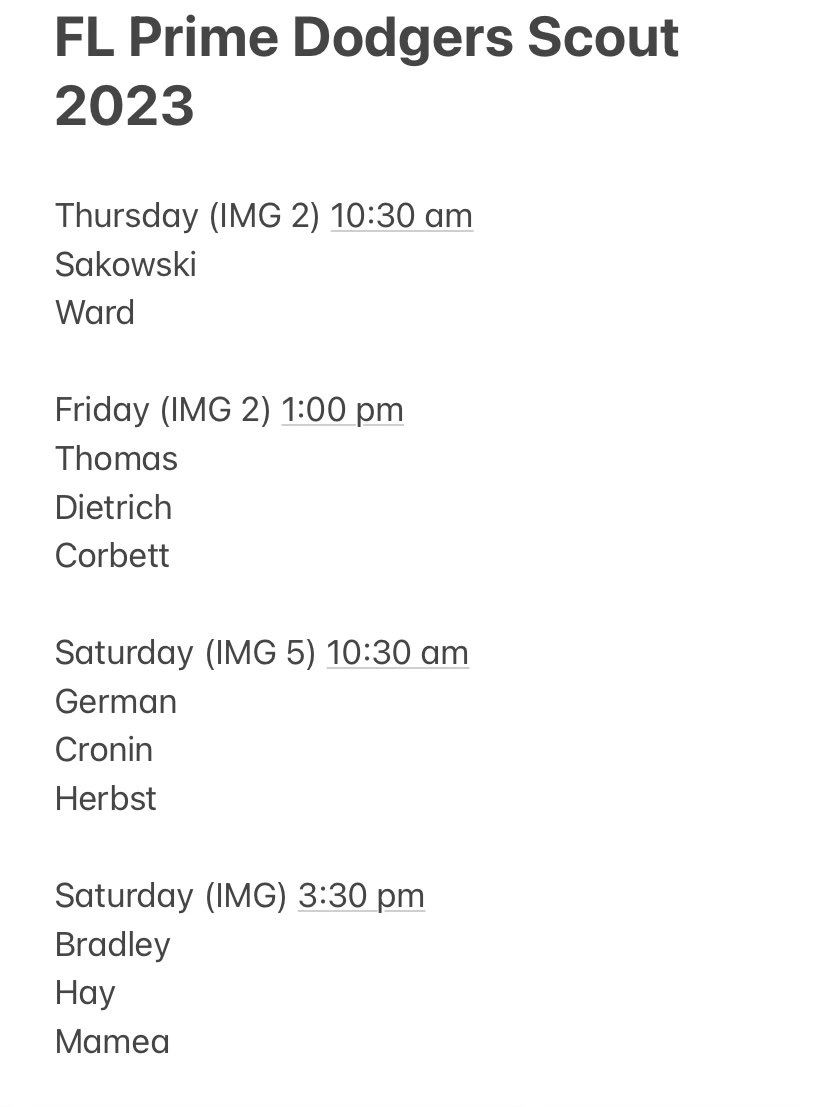 DodgersScoutTm's tweet photo. Fl Dodgers 2023 pitching rotation for the Florida Program Invitational https://t.co/WSObQNbWTH
