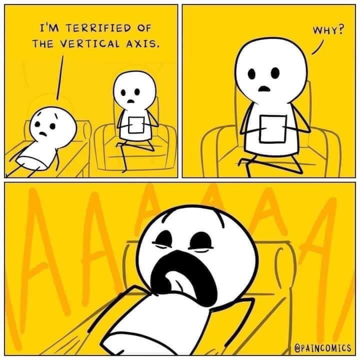 AKPeanut's tweet image. Caption: 
1: I’m terrified of the vertical axis. 
2: Why?
3: AAAAAA

I make no apologies. I laughed way too hard at this.

Unceremoniously swiped from@a FB group that unceremoniously swiped this from @paincomics 

#maths #cartesiancoordinates #geek