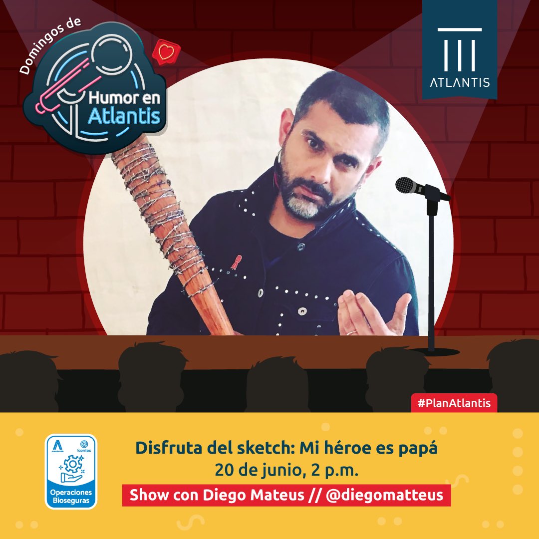 cc_atlantis's tweet photo. ¿Preparad@ para el primer domingo de humor con #papá? Disfruta el sketch itinerante “Mi Héroe es Papá” con Diego Mateus @diegomatteus. Te esperamos en Atlantis este 20 de junio a las 2 p.m. ¡No tiene costo! 👨👦
.
#PlanAtlantis #MiHéroeEsPapá https://t.co/eI34a5fm3b