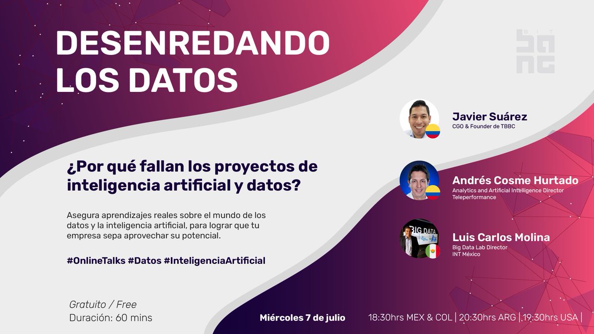 #DesenredandoLosDatos
Inscríbete y evita seguir cometiendo los mismos errores en tus proyectos de datos e inteligencia artificial.👉bit.ly/registrotbbc

#technología #analíticaavanzada #datascience #innovación #tech #automatización #machinelearning #inteligenciaartificial #ti