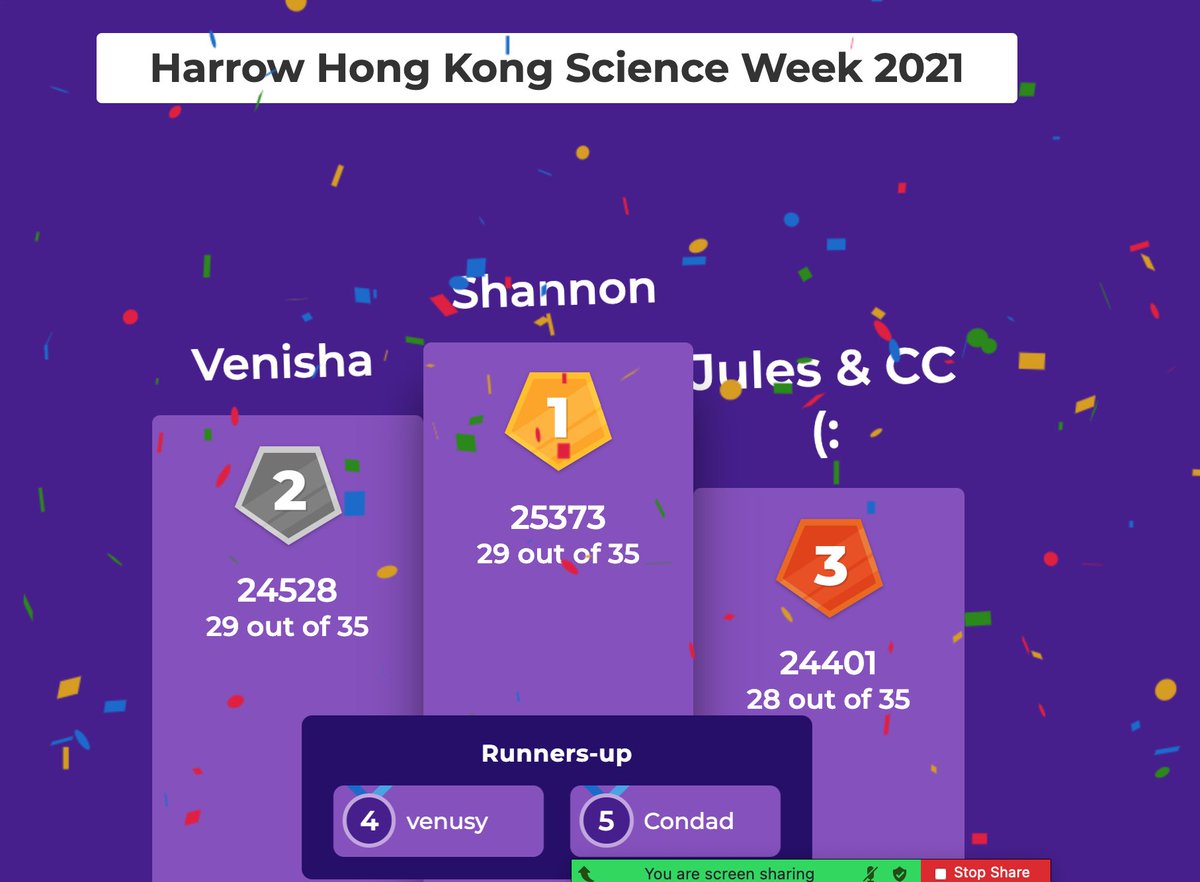 Congratulations to Shannon (Parks), Venisha (Fry) and Jules (Shakleton) and their parents for their success in the first 'parent and pupil Science Week Kahoot!' <a href="/HarrowhkScience/">HarrowHK Science</a> <a href="/HeadHarrowHK/">Ann Haydon</a> <a href="/HHKSFry/">HarrowHK Fry</a> <a href="/HHKSParks/">HarrowHK Parks</a> <a href="/HHKSShackleton/">HarrowHK Shackleton</a>