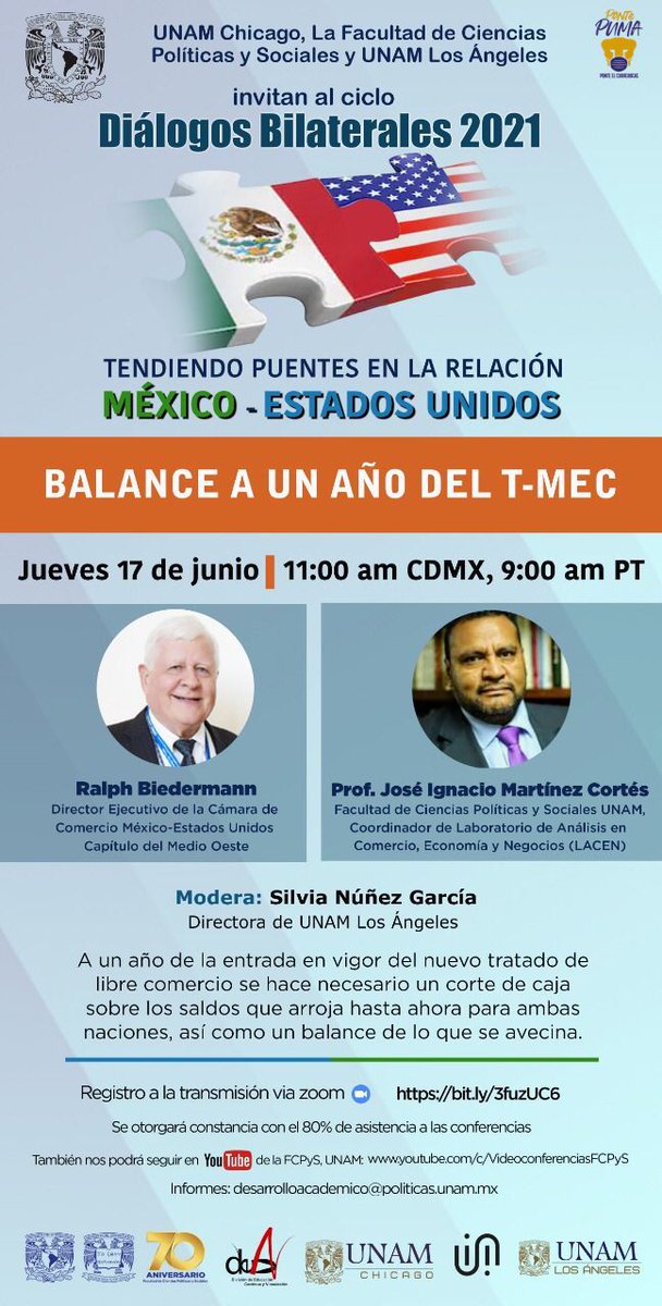 UNAM_FCPyS's tweet photo. ⬇️Hoy ⬇️
Diálogos bilaterales 2021. Tendiendo puentes en la relación México-Estados Unidos
Balance a un año del T-MEC
Registro https://t.co/buUGoerGNc
Transmisión https://t.co/mI4UW8SfzH
Informes: desarrrolloacademico@politicas.unam.mx
|| #IIS #DECyV #FCPyS #UNAMLA #UNAM https://t.co/0STCPCXv40