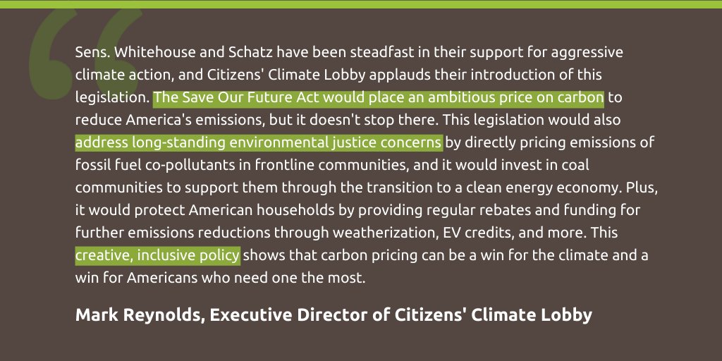 Today <a href="/SenWhitehouse/">Sheldon Whitehouse</a> and <a href="/SenBrianSchatz/">Senator Brian Schatz</a> introduced the #SaveOurFutureAct, an ambitious #PriceOnPollution bill that would reduce emissions, address environmental justice concerns, and invest in coal communities. Here's our statement: