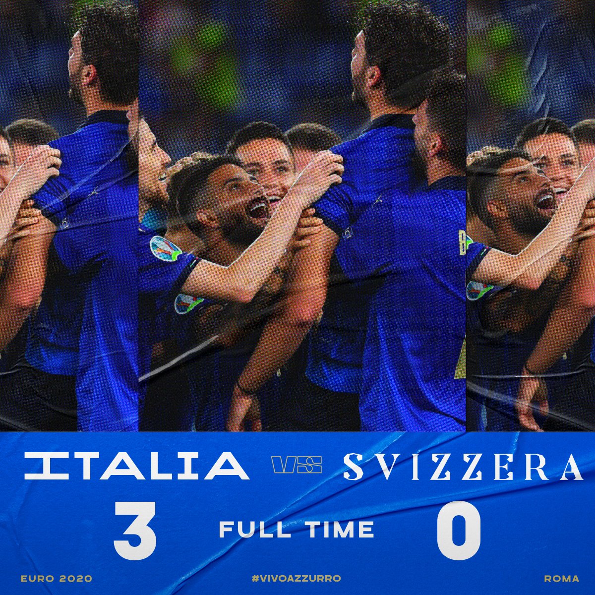 Azzurri's tweet photo. #Euro2020 🇪🇺
 
🇮🇹🇨🇭 #ItaliaSvizzera 3️⃣-0️⃣
⚽️ #Locatelli 26’, 52’, #Immobile 89’

📋  Un’altra grande prova degli #Azzurri che volano agli #Ottavi!!

#ITA #Nazionale
#ITASVI https://t.co/ZZOlN1hrfn