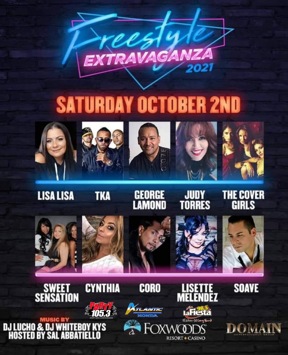 LaFiesta985's tweet photo. SATURDAY OCTOBER 2ND 2021
FOXWOODS CASINO GRAND THEATER
350 Trolley Line Blvd. Mashantucket CT
FREESTYLE EXTRAVAGANZA 2021
Sintoniza #LaFiesta para ganar tix gracias a  @atlantichonda o compra los tuyos en @Ticketmaster https://t.co/EivzbqHJTU