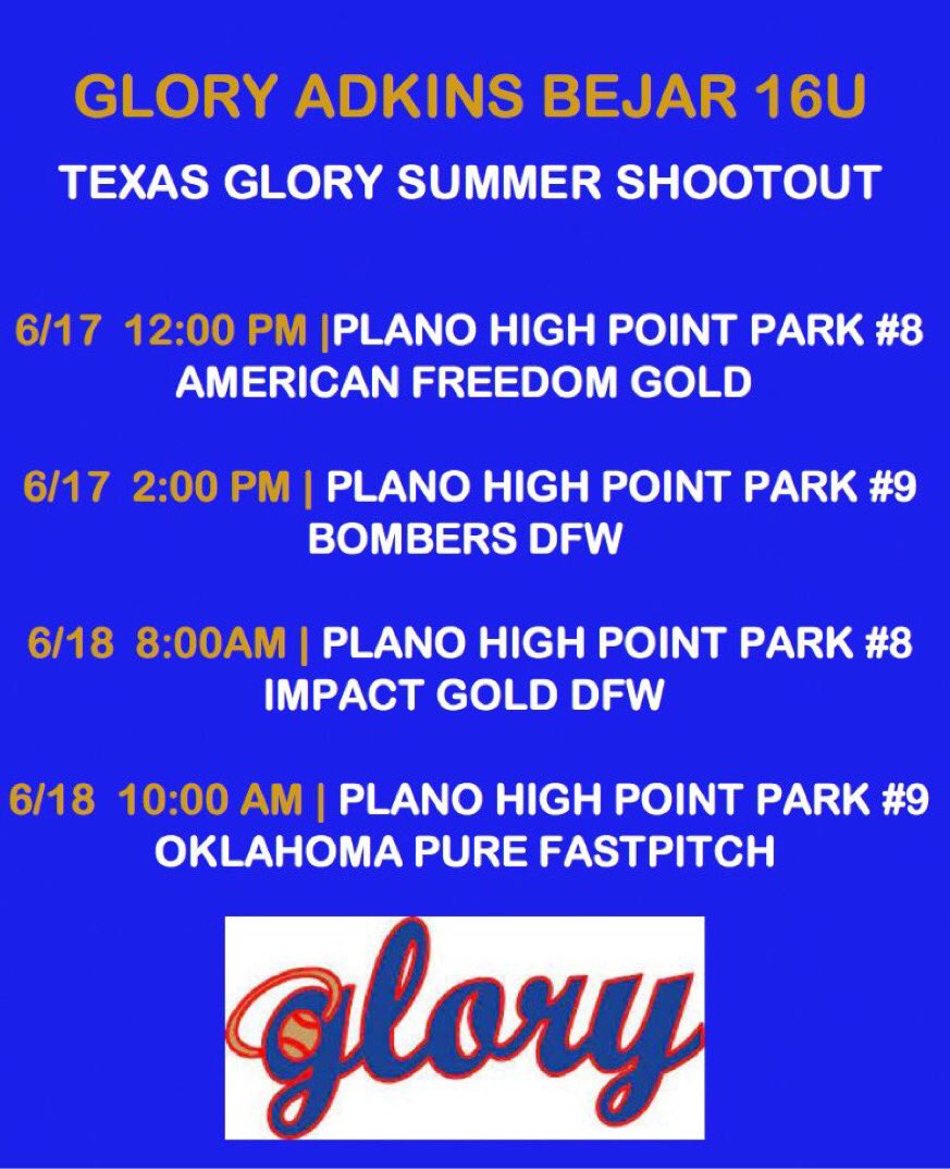 Our pool game schedule for Texas Glory Summer Shootout this weekend! #halosup                               📍Plano High Point Park North 📆Thurs 6/17-Fri 6/18
🥎Follow us live on GC!
<a href="/texasgloryadkin/">Glory Adkins Softball</a> <a href="/DfwSho/">DFW Sho'Case</a> <a href="/IHartFastpitch/">I❤️Fastpitch</a> <a href="/ImpactRetweets/">Impact Promotions</a> <a href="/ExtraInningSB/">EXTRA INNING SOFTBALL</a>