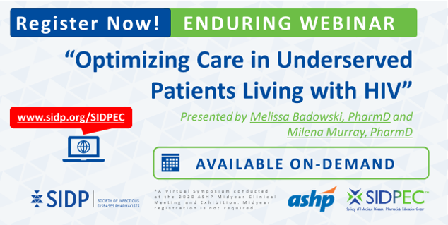 SIDPharm's tweet photo. Finding some #downtime as things ease up a bit from #COVID19??
Take a moment to watch this #enduringwebinar from #ASHPMidyear2020 where @milenaPharmD & Melissa Badowski discuss optimizing the care of #underserved people living with HIV ๐ซ
Link: https://t.co/4I1FlZMib4 https://t.co/m2e7rPsXe3