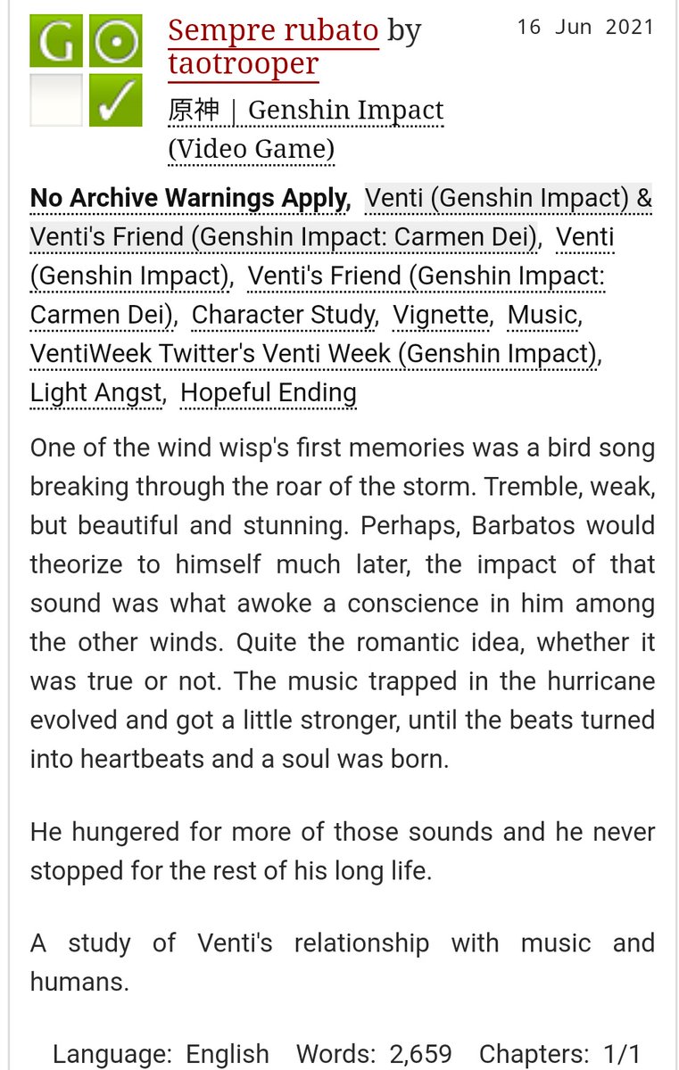 taotrooper's tweet photo. 🍃Sempre rubato
🍃gen, G, 2.6k words
🍃character study, precanon
🍃Venti, nameless bard
https://t.co/U5P4kn2vum
Happy birthday, windy boy!
#原神 #Venti #ウェンティ生誕祭2021 #VentiWeek2021 https://t.co/nIyWeV24K5