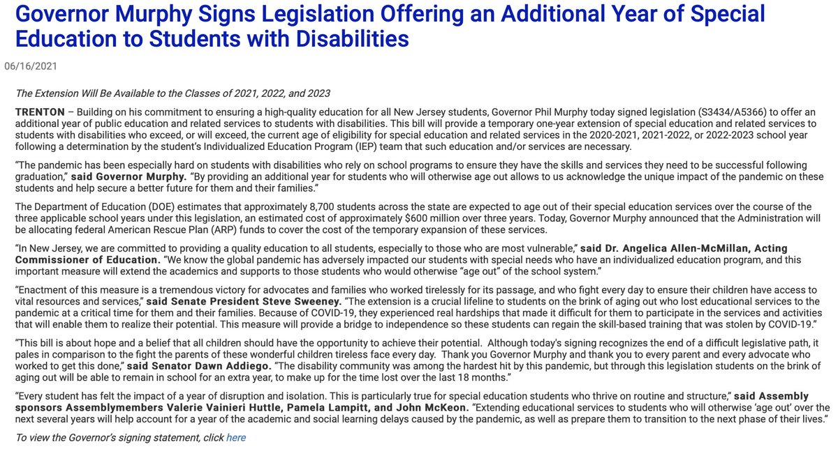 GovMurphy's tweet photo. Today, I signed legislation offering an additional year of special education and related services to three classes of students with disabilities.
 
The pandemic has been especially hard on students with disabilities, and we’re committed to helping secure a better future for them. https://t.co/5UDZRf71hm