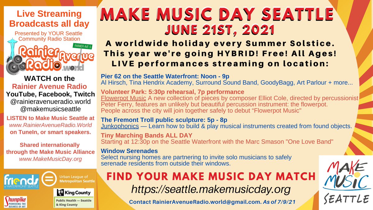 We're proud to support @RainierAveRadio's #MakeMusicDaySeattle on June 21! Visit Pier 62 from noon - 9pm for performances by Al Hirsch, Tina Hendrix Academy, Surround Sound Band, GoodyBagg, Art Parlour & more. Info: rainieravenueradio.world/make-music-day…