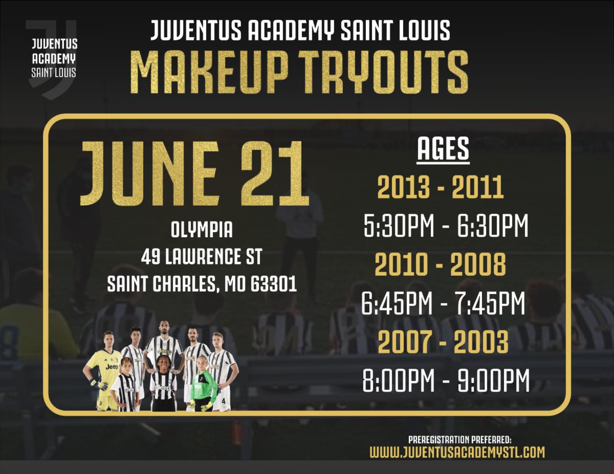 JAcademySTL's tweet photo. 𝐒𝐭𝐚𝐫𝐭 𝐲𝐨𝐮𝐫 𝐣𝐨𝐮𝐫𝐧𝐞𝐲 𝐢𝐧 𝐛𝐥𝐚𝐜𝐤 𝐚𝐧𝐝 𝐰𝐡𝐢𝐭𝐞 ⚪️⚫️

Join us for Juventus Academy Saint Louis MAKEUP Tryouts for the 2021-2022 Season! 

Learn more and pre register here: https://t.co/cE9SoNqPnb https://t.co/vdFxYe3NeF
