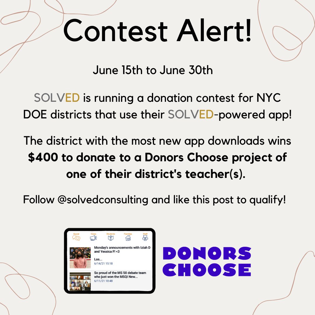 solvededucation's tweet photo. We're running a contest! Any district that has an app with SOLVED can participate. Simply follow us and like this post to qualify.
The winner will be announced on July 6th. Good Luck!
#SOLVEDconsulting #k12education #edtech #edtechteachers #appdesign #schoolapp https://t.co/Bg4AcyaNsx