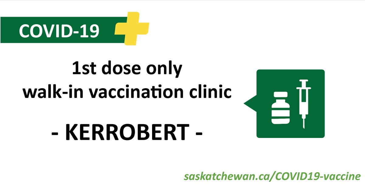 SaskHealth's tweet photo. A COVID-19 vaccine walk-in clinic for first doses ONLY will take place in #Kerrobert on June 17 (tomorrow!). The clinic is offering Pfizer and will be open from 1-3 pm at the Prairieland Community Hall, 216 McPherson Street.
More: https://t.co/WyIoUHoOFX https://t.co/8QkBj6JGZV