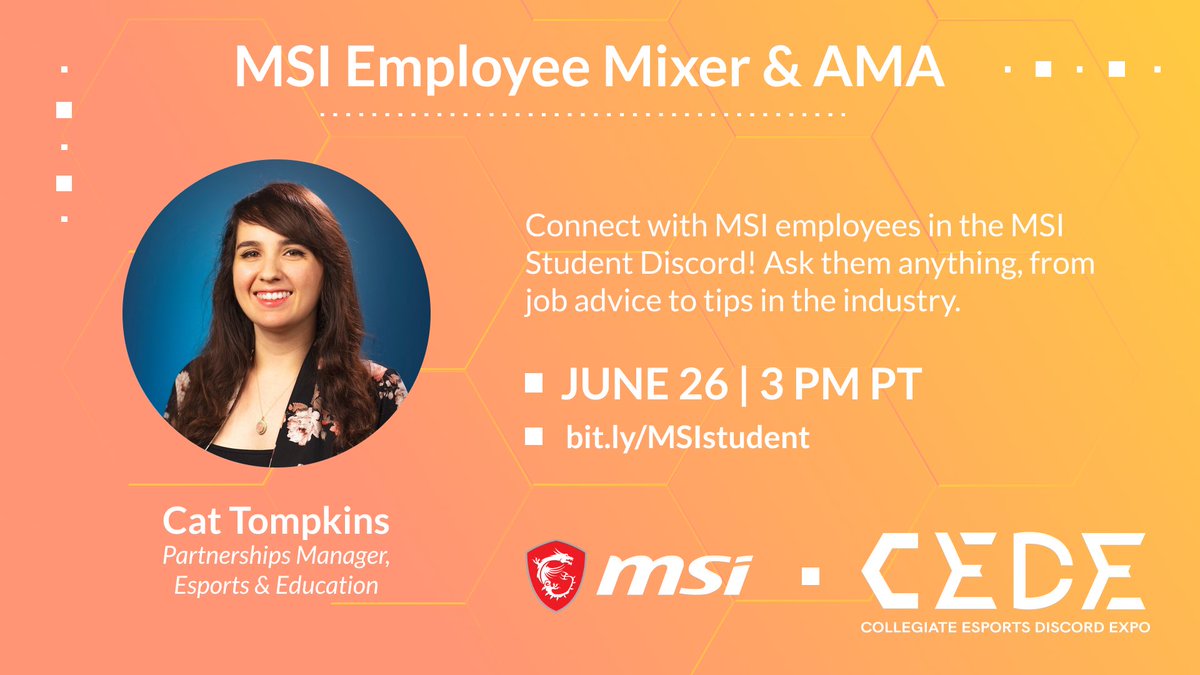 UniGameNetwork's tweet image. It’s networking time!  👥

Connect with @msiUSA employees in the MSI Student Discord to learn about their experiences and get advice. Hosted by @Cat0067, the partnerships manager for esports &amp;amp; education at MSI!

📅 JUNE 26
🕒  3PM PT /6PM ET
🔗bit.ly/MSIstudent