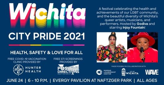 ICTArtsCouncil's tweet photo. Wichita City Pride, a free all-ages celebration of our LGBT community, is Thursday, June 24 at Naftzger Park.
Music! Dancing! Food and Drink! Free STI tests and COVID-19 vaxx! Hosted by Godiva and starring Injoy Fountain!
Artist/vendor & sponsor info: JCJohnson@Wichita.gov https://t.co/ZLPLBhnZ82
