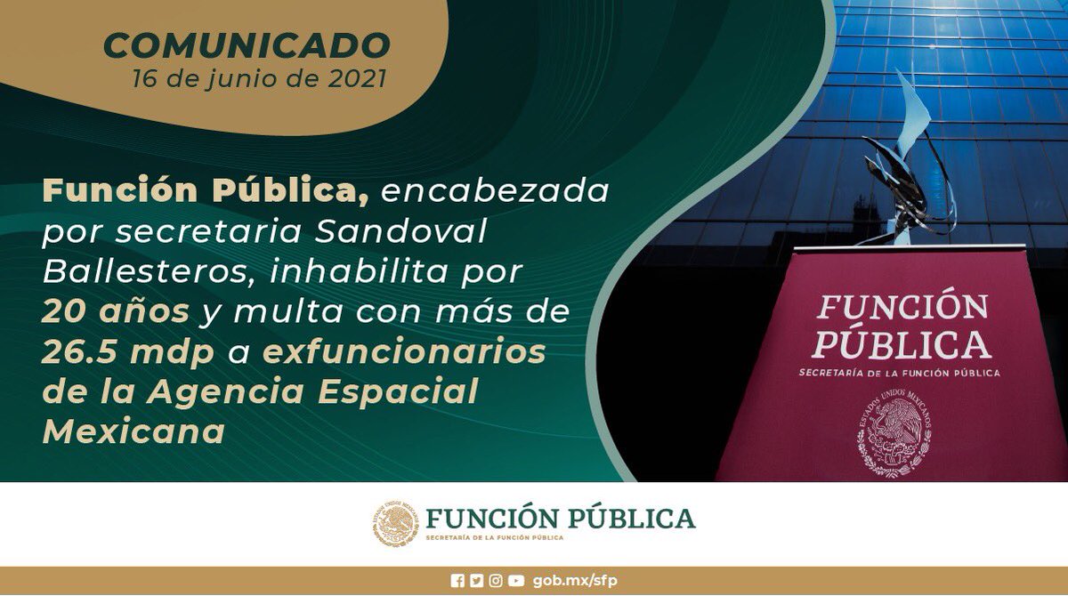BuenGobierno_mx's tweet photo. #COMUNICADO 🗞

La Secretaría de la Función Pública, encabezada por la secretaria Sandoval Ballesteros (@Irma_Sandoval), inhabilita por 20 años y multa con más de 26.5 mdp a exfuncionarios de la #AEM.

🔗https://t.co/4soqa4mM8i https://t.co/eXDa3h0INa