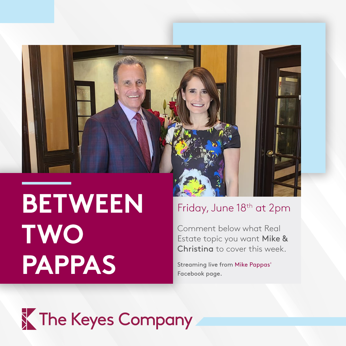 KeyesRealtors's tweet photo. Did you miss Mike & Christina Pappas?! Well the wait is over, they are back this Friday at 2 pm!❤️ Ask them a question in the comments below! ⬇️ #KeyesRealtors #FridayFacebookLive #FacebookLive #MarketUpdate https://t.co/Mvb5WAy5GG