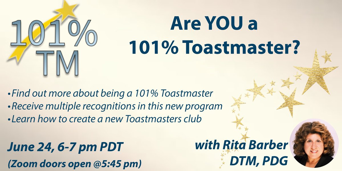 Find out about an exciting new program in District 101: the 101% Toastmaster! Curious? Attend out workshop on June 24 at 6 pm PDT! Register here: d101tm.wufoo.com/forms/r1pqrjdm… #publicspeaking