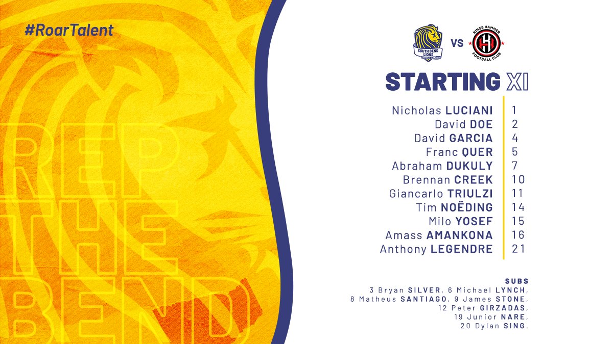 South Bend Lions 🦁 (@southbendlions) on Twitter photo We're facing <a href="/kingshammerfc/">Kings Hammer FC</a> (4-1-2) for the first time tonight as we embark on the second half of the regular season.
#RepTheBend | #Path2Pro We're facing <a href="/kingshammerfc/">Kings Hammer FC</a> (4-1-2) for the first time tonight as we embark on the second half of the regular season.
#RepTheBend | #Path2Pro