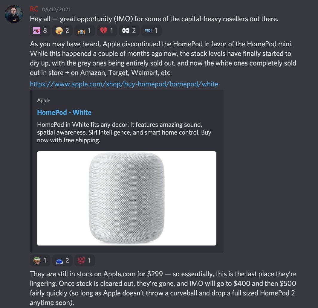 ResellCalendar's tweet image. I told everyone in RC to stock up on Apple Homepods last week as they were discontinued, but still in stock on Apple.com. 

Stock sat, and everyone was able to purchase as many as they liked for $299 each. 

They’re now selling for $450 &amp;amp; climbing. 🍏 Thanks, Apple.