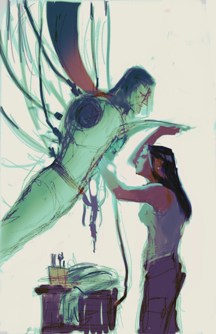 DavidTalaski's tweet photo. And here’s my initial sketch, final and some sweet deets. This cover was probably one of my favorites from this year so far. #ProjectPatron #AfterShockComics https://t.co/E5ZBTfXn9V