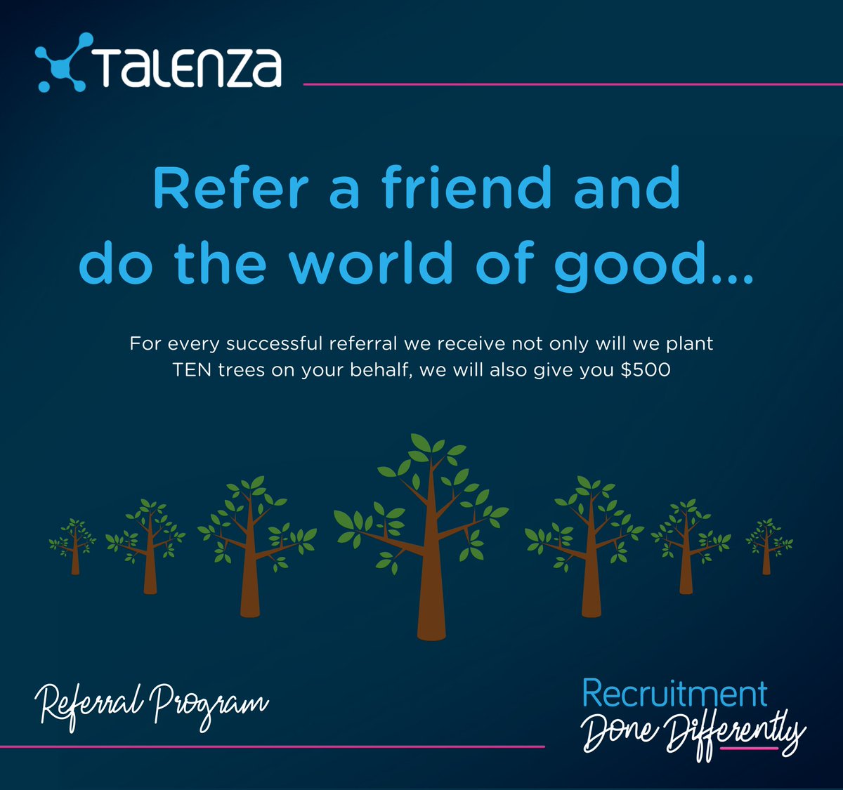 We have had so many referrals already for our new refer a friend program... keep them coming! That's $500 for you and 10 trees for the planet (also for you!) We can't wait to start planting some trees for you...

Get involved: talenza.com.au/refer-a-friend