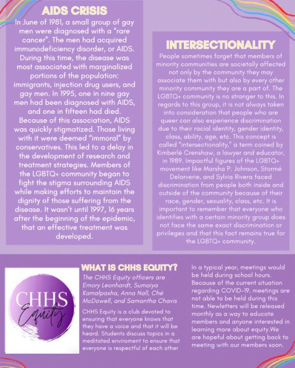 ChhsEquity's tweet photo. For our last newsletter of the school year, we focused on Pride Month, a time celebrating members of the LGBTQ+ community and honoring our Nation’s values of inclusivity and freedom for all. We cannot wait to continue creating newsletters and hosting meetings next school year! https://t.co/Q2mHM2PX1T