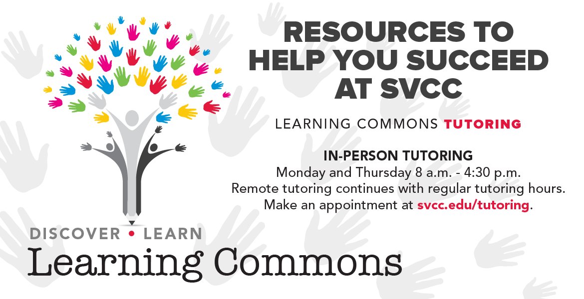 Tutoring through the SVCC Learning Commons now has in-person appointments. Don't struggle through your classes, take advantage of free tutoring!
