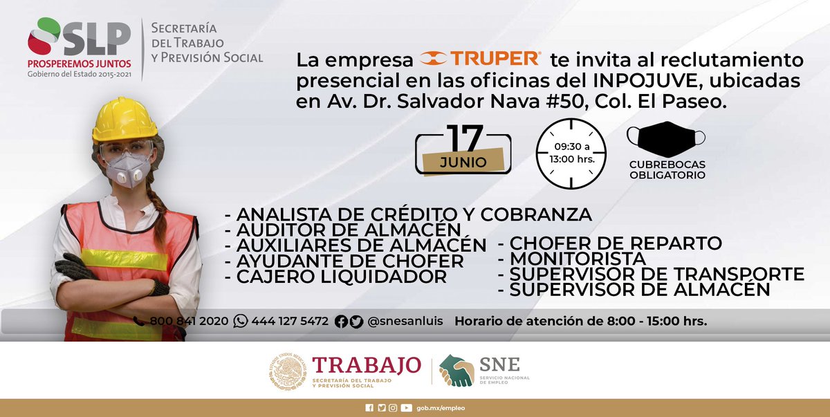 STPSSLP's tweet photo. #ReclutamientoPresencial

La empresa #TRUPER en San Luis Potosí, te invita a que formes parte de su equipo. Participa mañana, jueves 17 de junio en las instalaciones del @Inpojuve.

🕛 9:00 a 13:00 hrs.

😷 Uso del cubrebocas obligatorio. https://t.co/vgBZOvlljP