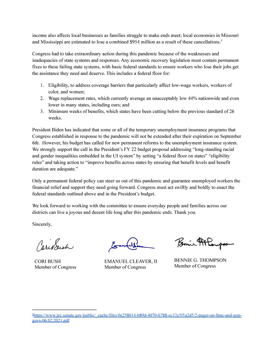 RepCori's tweet photo. I led a letter with @RepCleaver and Rep. @BennieGThompson demanding permanent unemployment reforms after federal pandemic assistance was cut off in our states.

I refuse to let @GovParsonMO get away with his dangerous decision that is costing people their lives and livelihoods. https://t.co/wI6Tsot9ZV