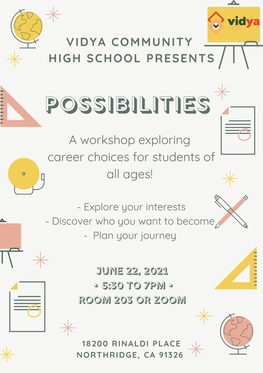 VidyaChs's tweet photo. Join us for our next Career Possibilities Workshop on Tuesday, June 22nd, from 5:30pm-7:00pm! Spots are available in-person or via Zoom. Email mbibian@vidyachs.org to reserve your spot! 
#careerworkshop #freeevents #upcomingevents #communityevent #Northridge #careerexploration https://t.co/EMuEIPwAlc