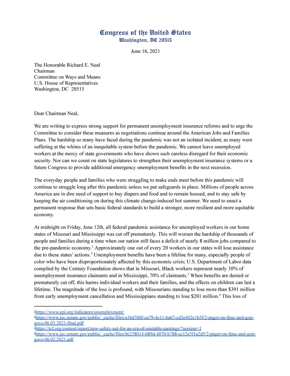 RepCori's tweet photo. I led a letter with @RepCleaver and Rep. @BennieGThompson demanding permanent unemployment reforms after federal pandemic assistance was cut off in our states.

I refuse to let @GovParsonMO get away with his dangerous decision that is costing people their lives and livelihoods. https://t.co/wI6Tsot9ZV