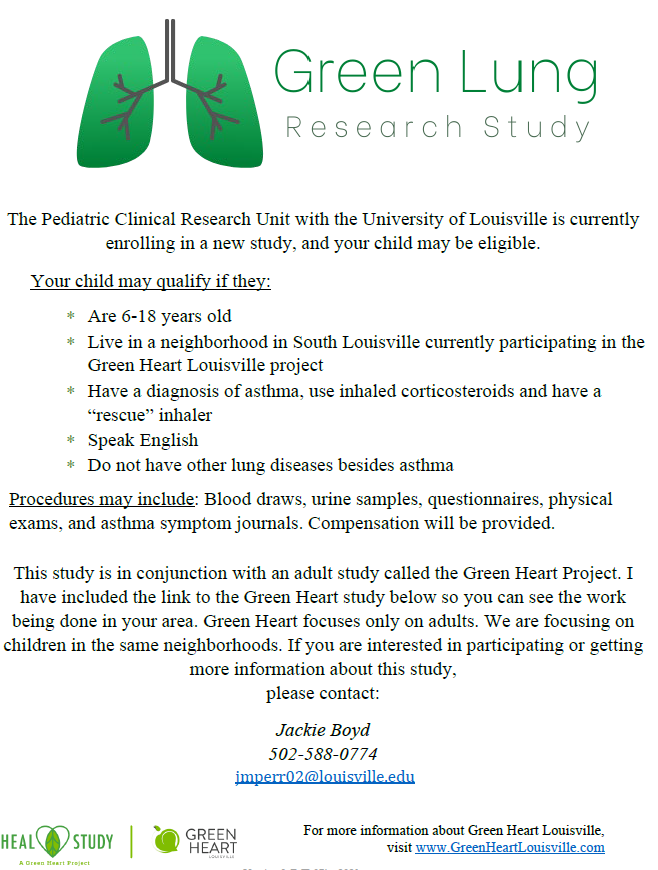 ScottGBickel's tweet photo. Does your child have asthma and live in South Louisville? 👀🌲🌳🫁 @GreenHeartLou @UofLEnvirome  @NortonChildrens @UofLPeds https://t.co/4YKnC5xD45