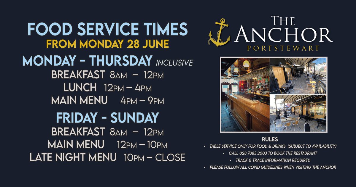 The Anchor Bar Complex (@anchorcomplex) on Twitter photo Check out our new food service times <a href="/DiscoverNI/">Northern Ireland</a> <a href="/EventsCauseway/">Causeway Coast & Glens Events</a> #EmbraceAGiantSpirit #Portstewart Check out our new food service times <a href="/DiscoverNI/">Northern Ireland</a> <a href="/EventsCauseway/">Causeway Coast & Glens Events</a> #EmbraceAGiantSpirit #Portstewart