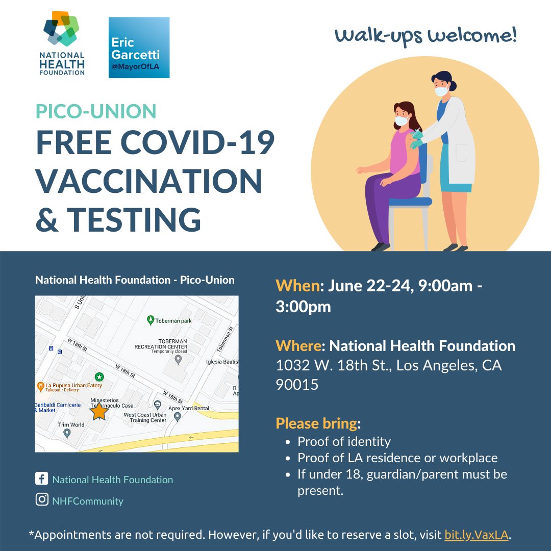 NHFcommunity's tweet photo. 🚨NEXT WEEK, JUNE 22-24! NHF in partnership w/ @MayorOfLA's office will host a FREE #COVID19 vaccine clinic!
Appts are NOT required, walk-ins & walk-ups are welcome! Visit our Pico-Union site from 9:00AM to 3:00PM. #StopTheSpread #vaccine #healthiswealth #NHFcommunity https://t.co/3JiX9StbQm
